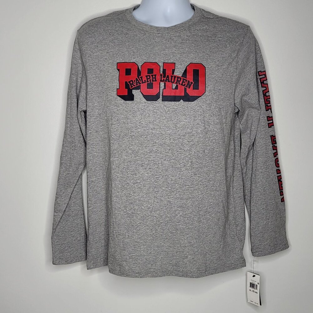 Polo Ralph Lauren Boys Size XL Tee Shirt Gray Red Spellout Long Sleeve NEW